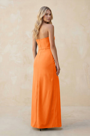 Strapless Sheath Satin Bridesmaid Dress With Slit in Orange - KissProm Bridesmaid Dresses