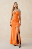 Strapless Sheath Satin Bridesmaid Dress With Slit in Orange - KissProm Bridesmaid Dresses