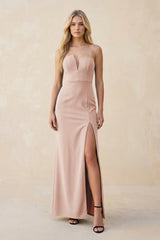 Strapless Sheath Satin Bridesmaid Dress With Slit in Pale Blush - KissProm Bridesmaid Dresses