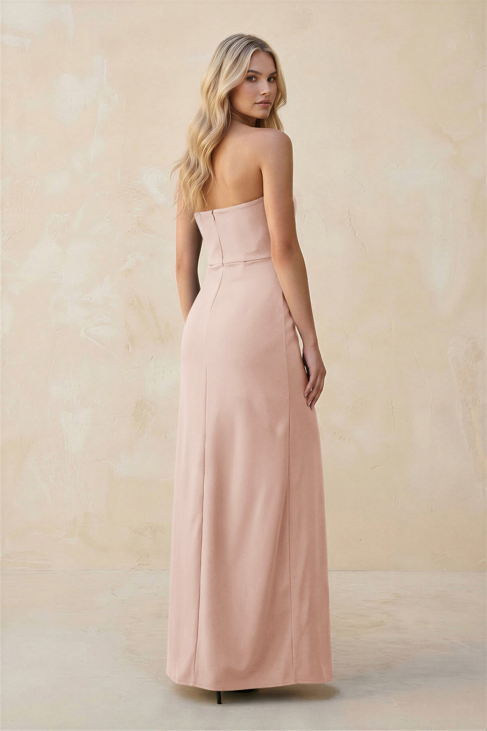 Strapless Sheath Satin Bridesmaid Dress With Slit in Pale Blush - KissProm Bridesmaid Dresses