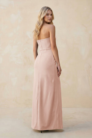 Strapless Sheath Satin Bridesmaid Dress With Slit in Pale Blush - KissProm Bridesmaid Dresses