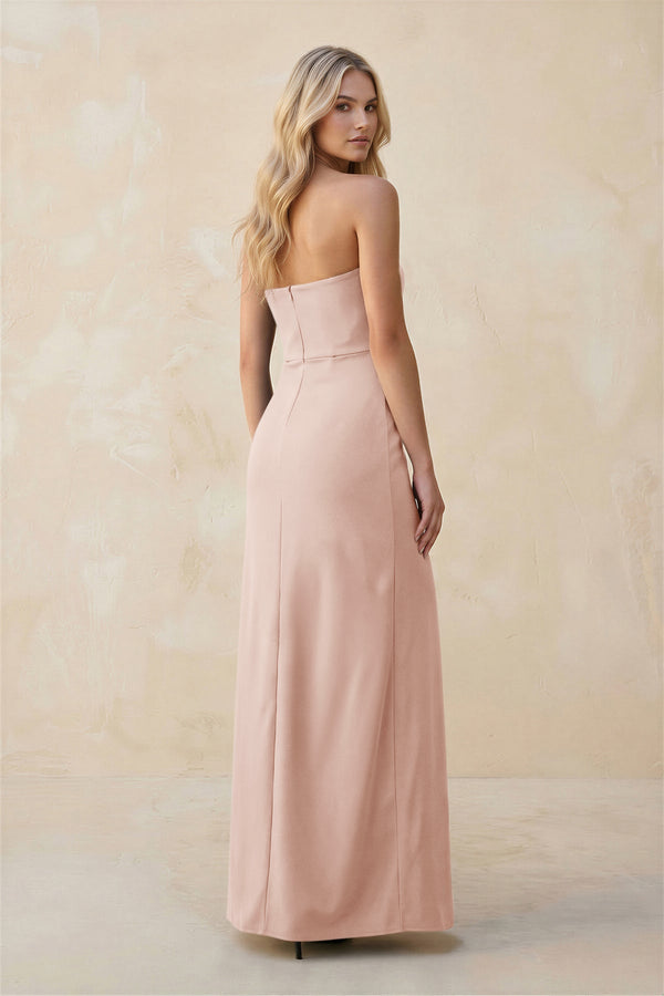 Strapless Sheath Satin Bridesmaid Dress With Slit in Pale Blush - KissProm Bridesmaid Dresses