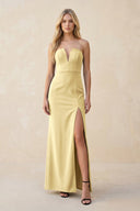 Strapless Sheath Satin Bridesmaid Dress With Slit in Pastel Yellow - KissProm Bridesmaid Dresses