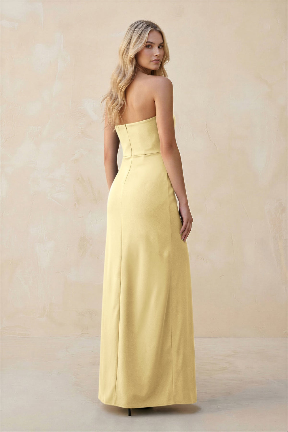 Strapless Sheath Satin Bridesmaid Dress With Slit in Pastel Yellow - KissProm Bridesmaid Dresses