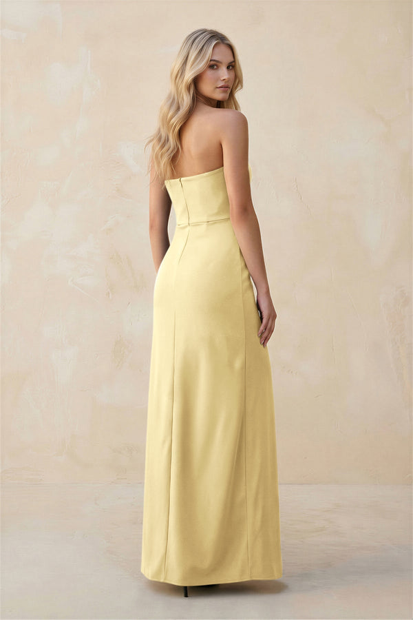 Strapless Sheath Satin Bridesmaid Dress With Slit in Pastel Yellow - KissProm Bridesmaid Dresses