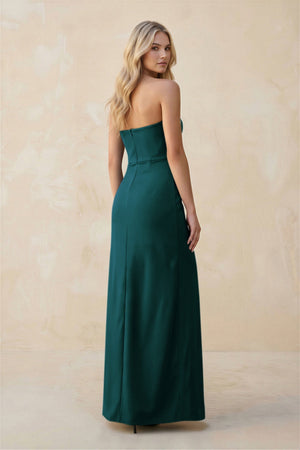 Strapless Sheath Satin Bridesmaid Dress With Slit in Pine - KissProm Bridesmaid Dresses