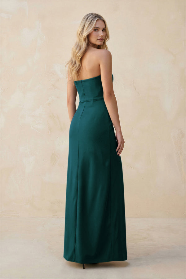 Strapless Sheath Satin Bridesmaid Dress With Slit in Pine - KissProm Bridesmaid Dresses