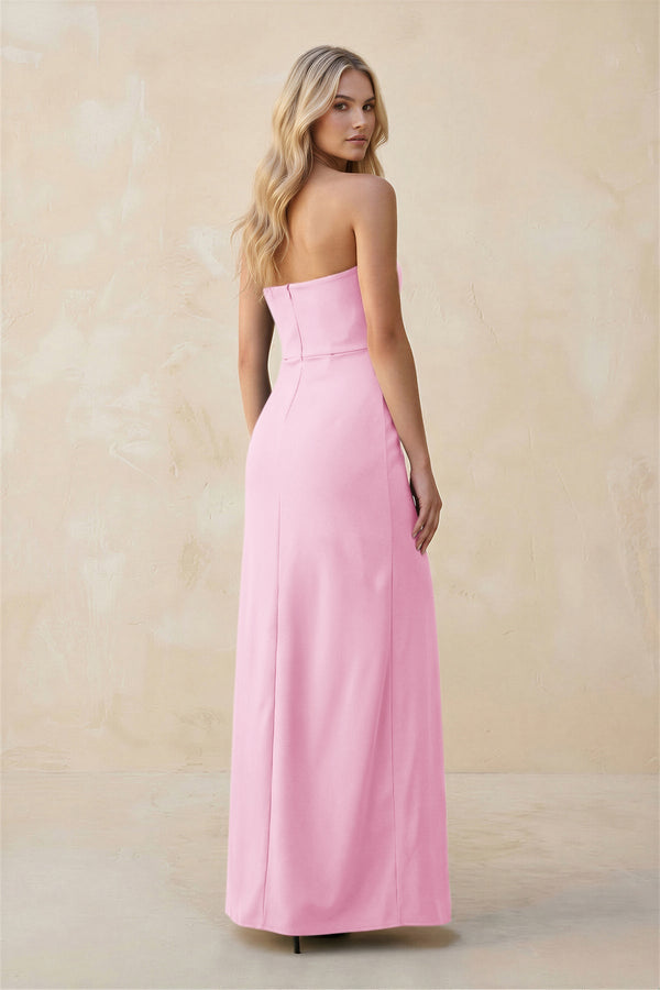 Strapless Sheath Satin Bridesmaid Dress With Slit in Pink - KissProm Bridesmaid Dresses