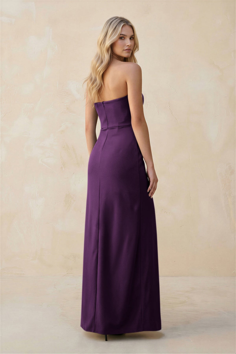 Strapless Sheath Satin Bridesmaid Dress With Slit in Plum - KissProm Bridesmaid Dresses