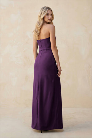 Strapless Sheath Satin Bridesmaid Dress With Slit in Plum - KissProm Bridesmaid Dresses