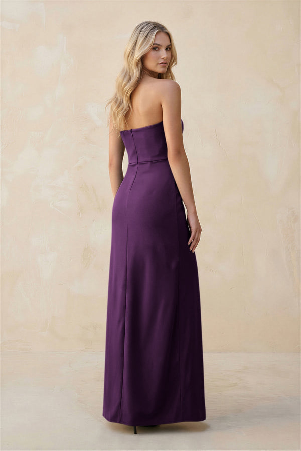 Strapless Sheath Satin Bridesmaid Dress With Slit in Plum - KissProm Bridesmaid Dresses