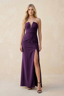 Strapless Sheath Satin Bridesmaid Dress With Slit in Plum - KissProm Bridesmaid Dresses