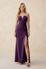 Strapless Sheath Satin Bridesmaid Dress With Slit in Plum - KissProm Bridesmaid Dresses