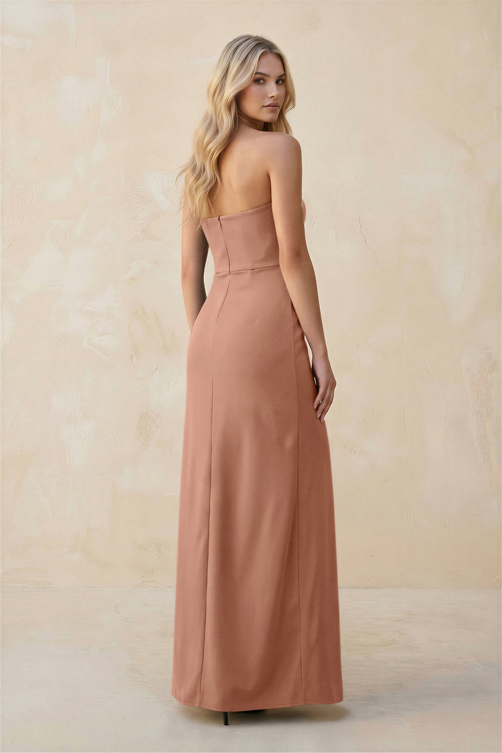 Strapless Sheath Satin Bridesmaid Dress With Slit in Rosette - KissProm Bridesmaid Dresses
