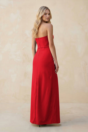 Strapless Sheath Satin Bridesmaid Dress With Slit in Ruby Red - KissProm Bridesmaid Dresses