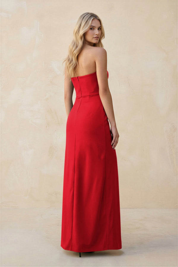 Strapless Sheath Satin Bridesmaid Dress With Slit in Ruby Red - KissProm Bridesmaid Dresses