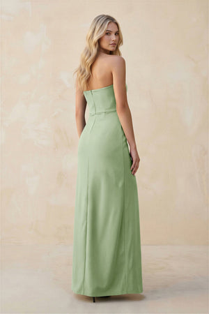 Strapless Sheath Satin Bridesmaid Dress With Slit in Sage - KissProm Bridesmaid Dresses