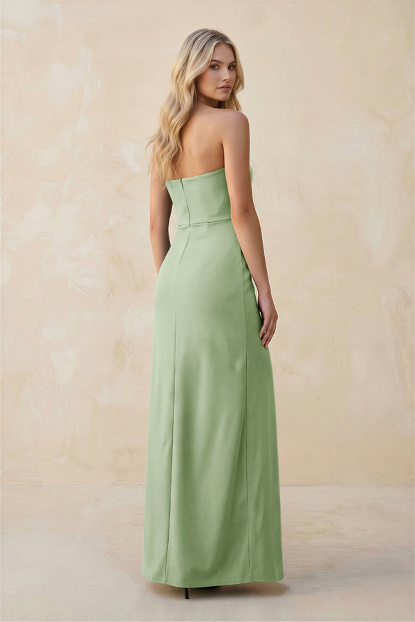 Strapless Sheath Satin Bridesmaid Dress With Slit in Sage - KissProm Bridesmaid Dresses