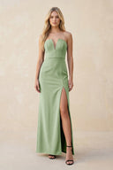 Strapless Sheath Satin Bridesmaid Dress With Slit in Sage - KissProm Bridesmaid Dresses
