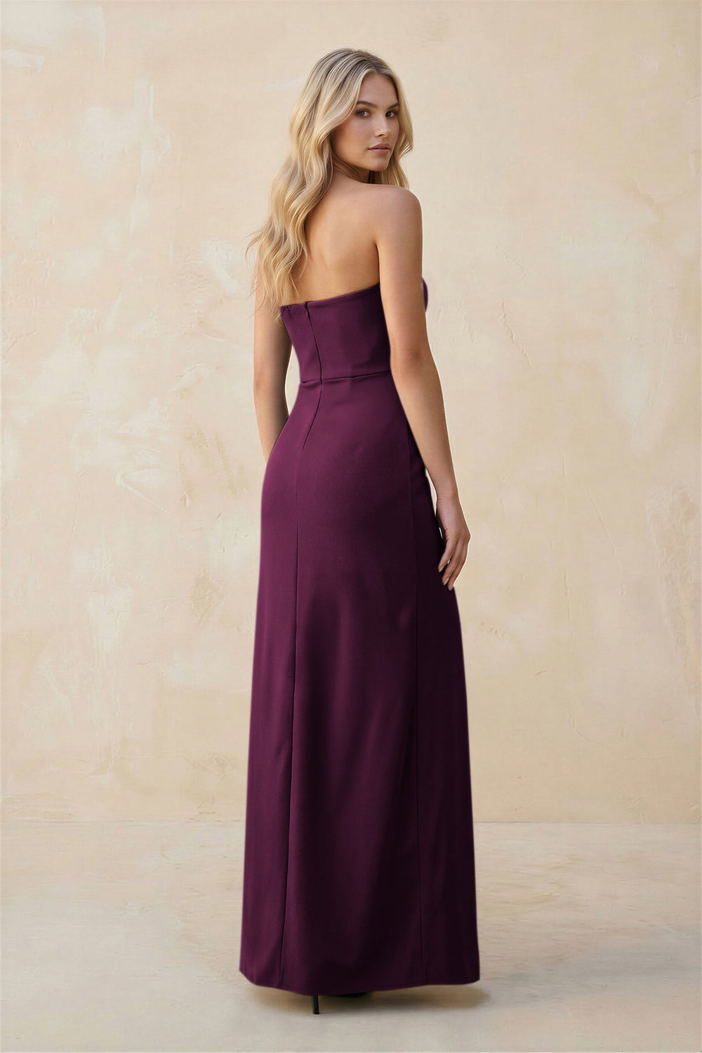 Strapless Sheath Satin Bridesmaid Dress With Slit in Sangria - KissProm Bridesmaid Dresses
