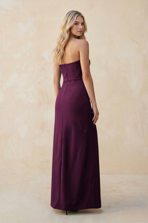 Strapless Sheath Satin Bridesmaid Dress With Slit in Sangria - KissProm Bridesmaid Dresses