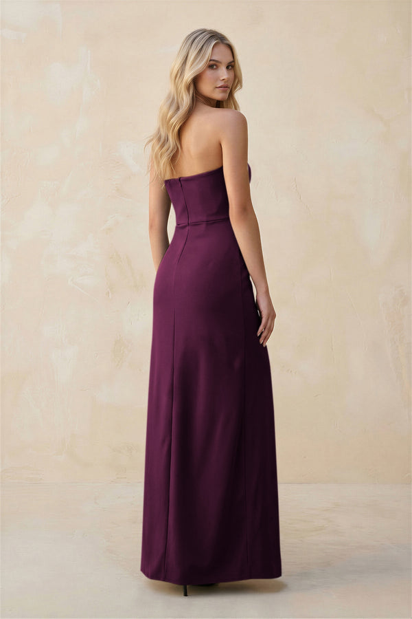 Strapless Sheath Satin Bridesmaid Dress With Slit in Sangria - KissProm Bridesmaid Dresses