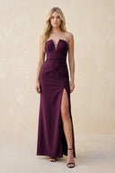Strapless Sheath Satin Bridesmaid Dress With Slit in Sangria - KissProm Bridesmaid Dresses