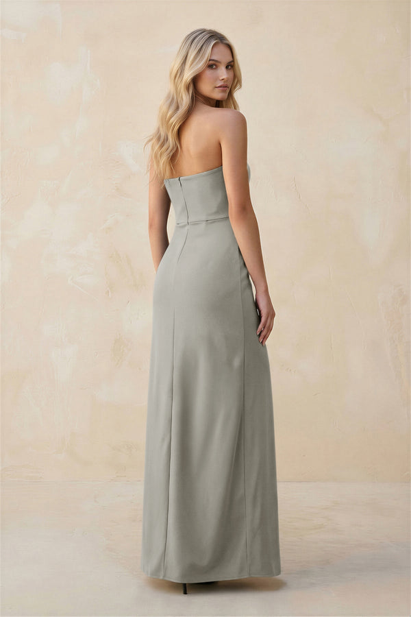 Strapless Sheath Satin Bridesmaid Dress With Slit in Silver - KissProm Bridesmaid Dresses