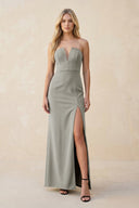 Strapless Sheath Satin Bridesmaid Dress With Slit in Silver - KissProm Bridesmaid Dresses