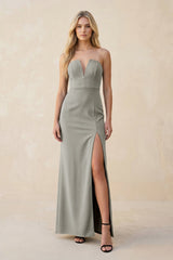 Strapless Sheath Satin Bridesmaid Dress With Slit in Silver - KissProm Bridesmaid Dresses