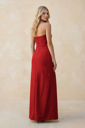 Strapless Sheath Satin Bridesmaid Dress With Slit in Spice - KissProm Bridesmaid Dresses