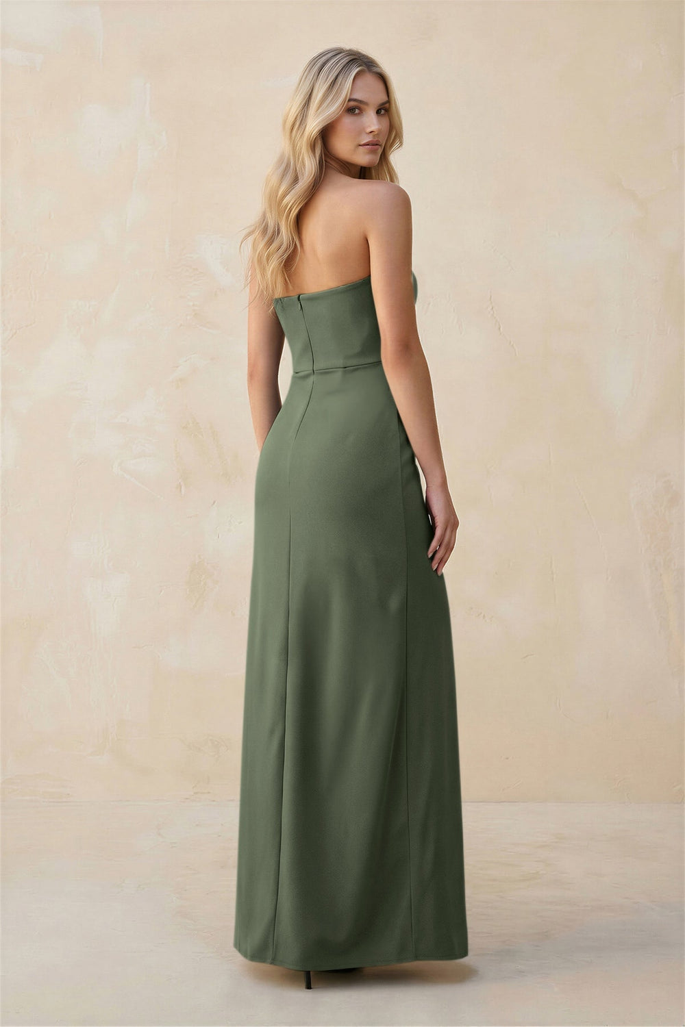 Strapless Sheath Satin Bridesmaid Dress With Slit in Thyme - KissProm Bridesmaid Dresses