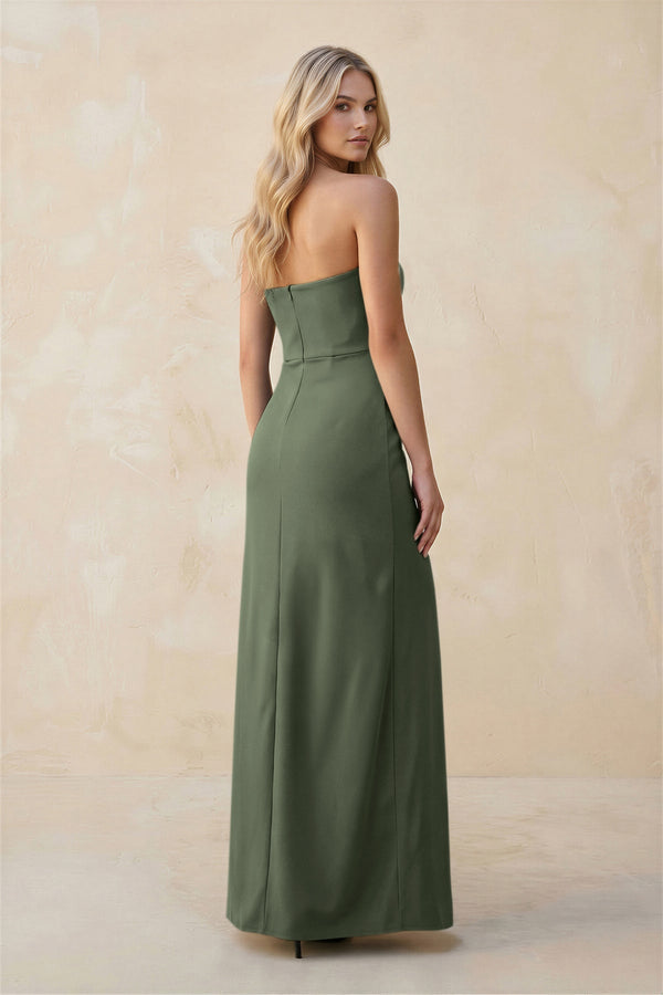 Strapless Sheath Satin Bridesmaid Dress With Slit in Thyme - KissProm Bridesmaid Dresses
