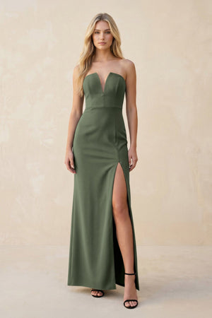 Strapless Sheath Satin Bridesmaid Dress With Slit in Thyme - KissProm Bridesmaid Dresses