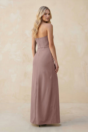 Strapless Sheath Satin Bridesmaid Dress With Slit in Toffee - KissProm Bridesmaid Dresses