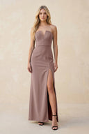 Strapless Sheath Satin Bridesmaid Dress With Slit in Toffee - KissProm Bridesmaid Dresses