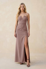 Strapless Sheath Satin Bridesmaid Dress With Slit in Toffee - KissProm Bridesmaid Dresses
