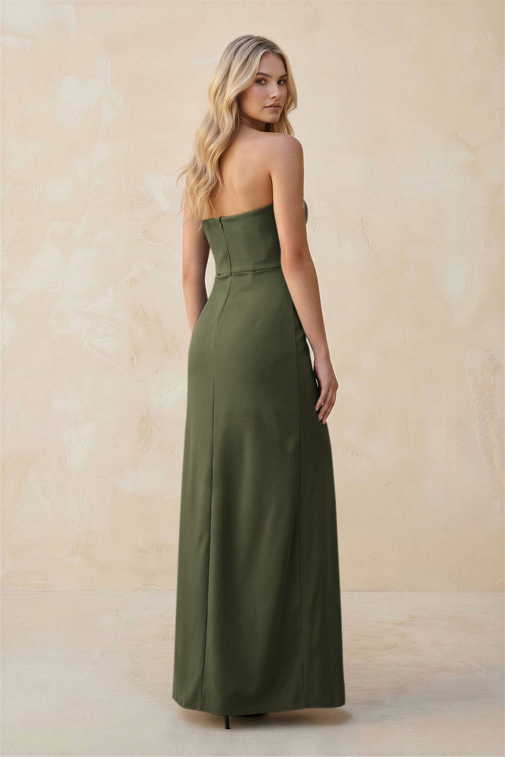 Strapless Sheath Satin Bridesmaid Dress With Slit in Willow Green - KissProm Bridesmaid Dresses