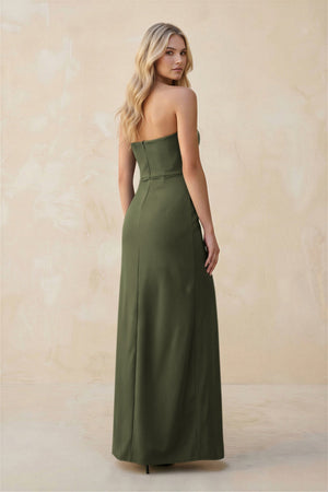 Strapless Sheath Satin Bridesmaid Dress With Slit in Willow Green - KissProm Bridesmaid Dresses