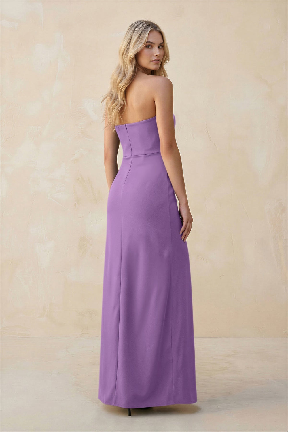 Strapless Sheath Satin Bridesmaid Dress With Slit in Wisteria - KissProm Bridesmaid Dresses
