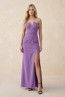 Strapless Sheath Satin Bridesmaid Dress With Slit in Wisteria - KissProm Bridesmaid Dresses