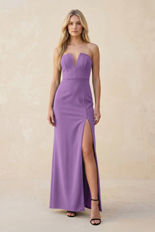 Strapless Sheath Satin Bridesmaid Dress With Slit in Wisteria - KissProm Bridesmaid Dresses