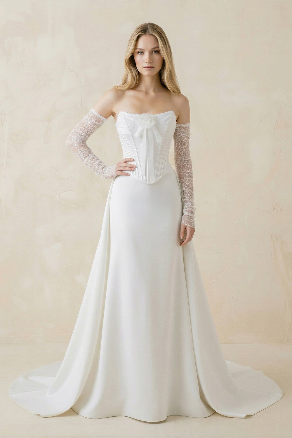Strapless Sheath Satin Corset Wedding Dress With Detachable Sleeves in White - KissProm Wedding Dresses