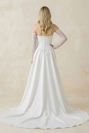 Strapless Sheath Satin Corset Wedding Dress With Detachable Sleeves in White - KissProm Wedding Dresses
