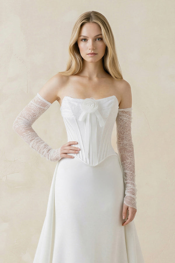 Strapless Sheath Satin Corset Wedding Dress With Detachable Sleeves in White - KissProm Wedding Dresses