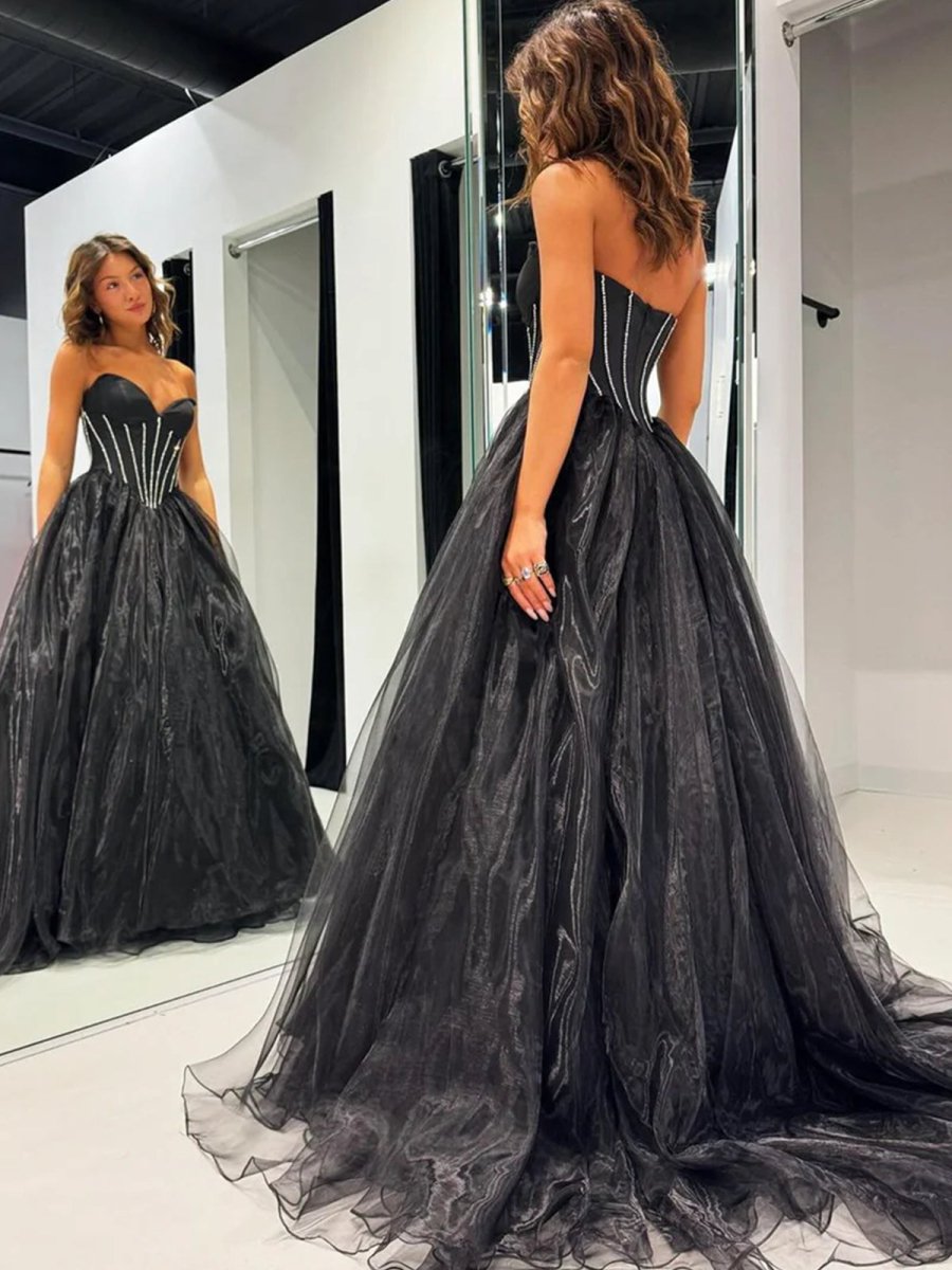 Strapless Sweetheart Neck Black Tulle Long Prom Dresses Long Black Formal Graduation Evening Dresses