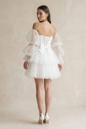 Strapless Tiered A - Line Tulle Mini Wedding Dress With Sleeves in White - KissProm Wedding Dresses
