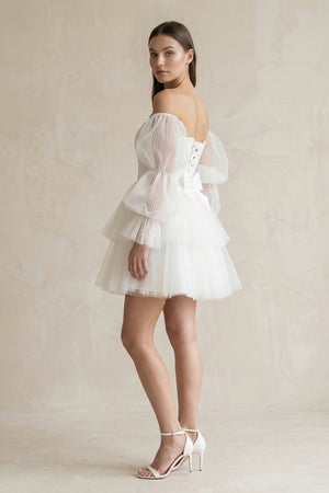Strapless Tiered A - Line Tulle Mini Wedding Dress With Sleeves in White - KissProm Wedding Dresses