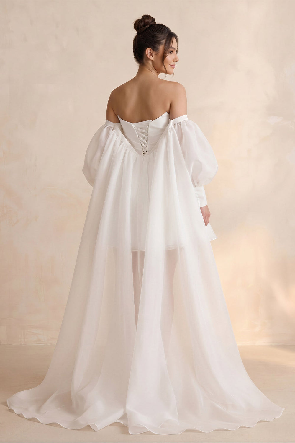 Strapless Tulle A - Line Mini Wedding Dress with Cape in White - KissProm Wedding Dresses