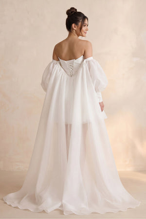 Strapless Tulle A - Line Mini Wedding Dress with Cape in White - KissProm Wedding Dresses